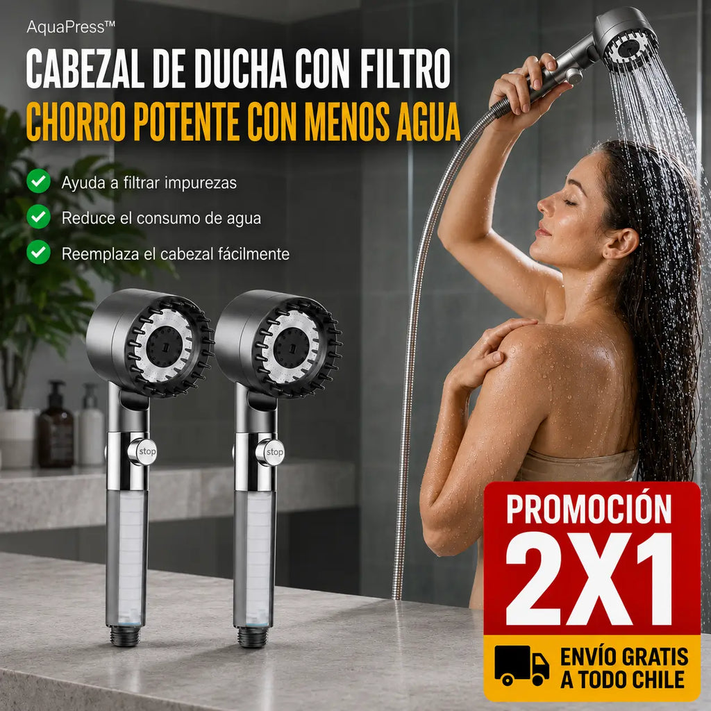 AquaPress™ | Cabezal 3 modos, masaje y filtro | 2x1